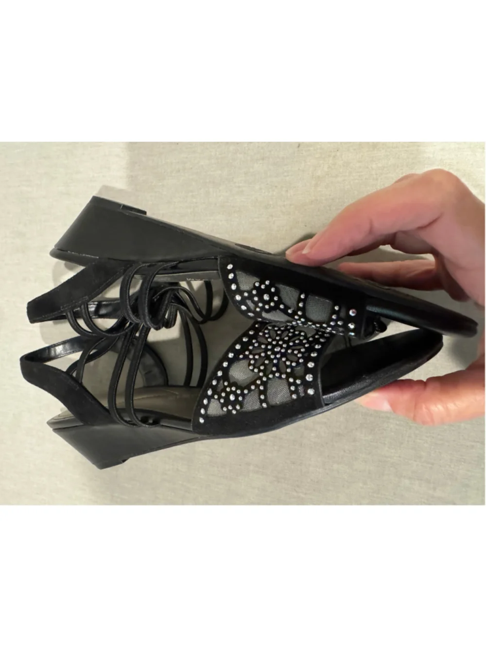 Women's Impo Black Silver RhinestoneMesh Wedge Sandals Size 10